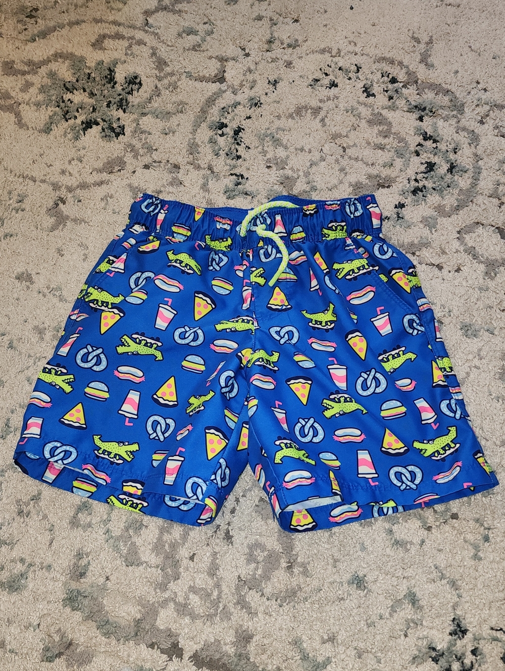 Cat & Jack Boys Blue Swim Trunks with Neon Snack Print
